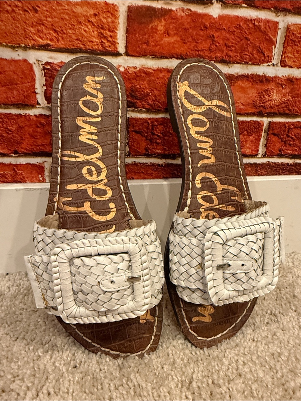 Sam Edelman White Woven Buckle Slide Sandals with Brown Footbed size 36 - Picture 10 of 12